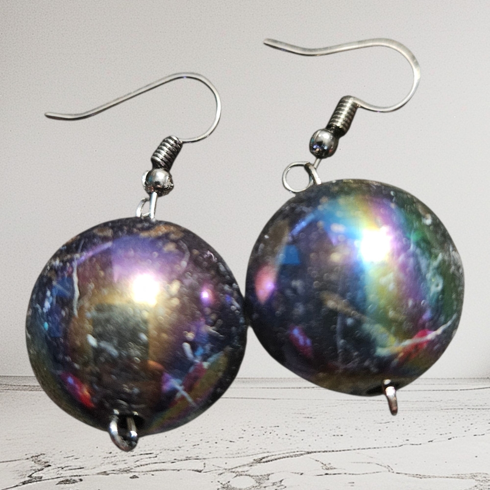 ⭐Black Iridescent Gumball Style 20mm 1" Dangle Earrings, Handmade, Brand New